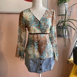 Brown and Blue Boho Floral Women's Top